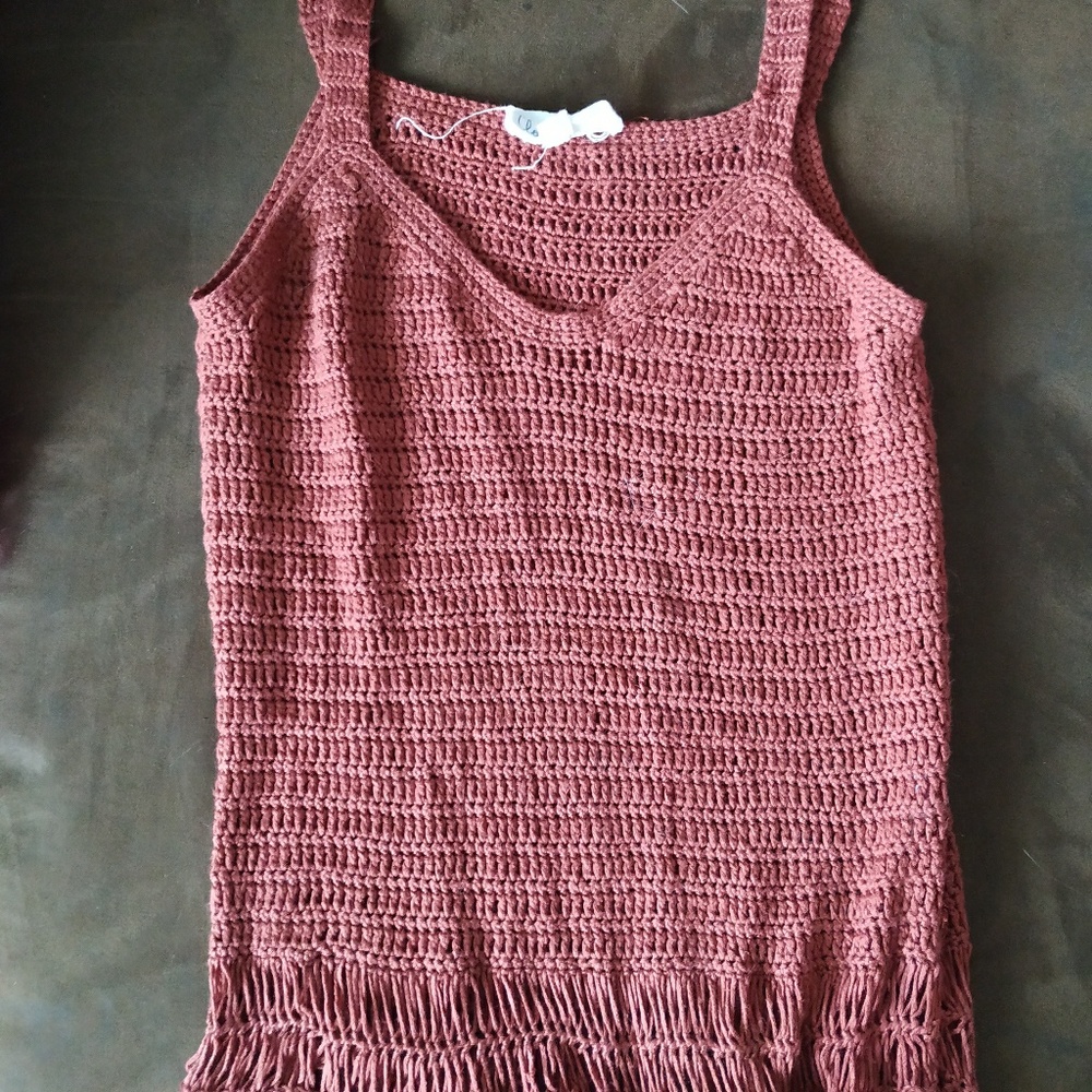 Crochet Rust Tank Top with Fabric Tassels